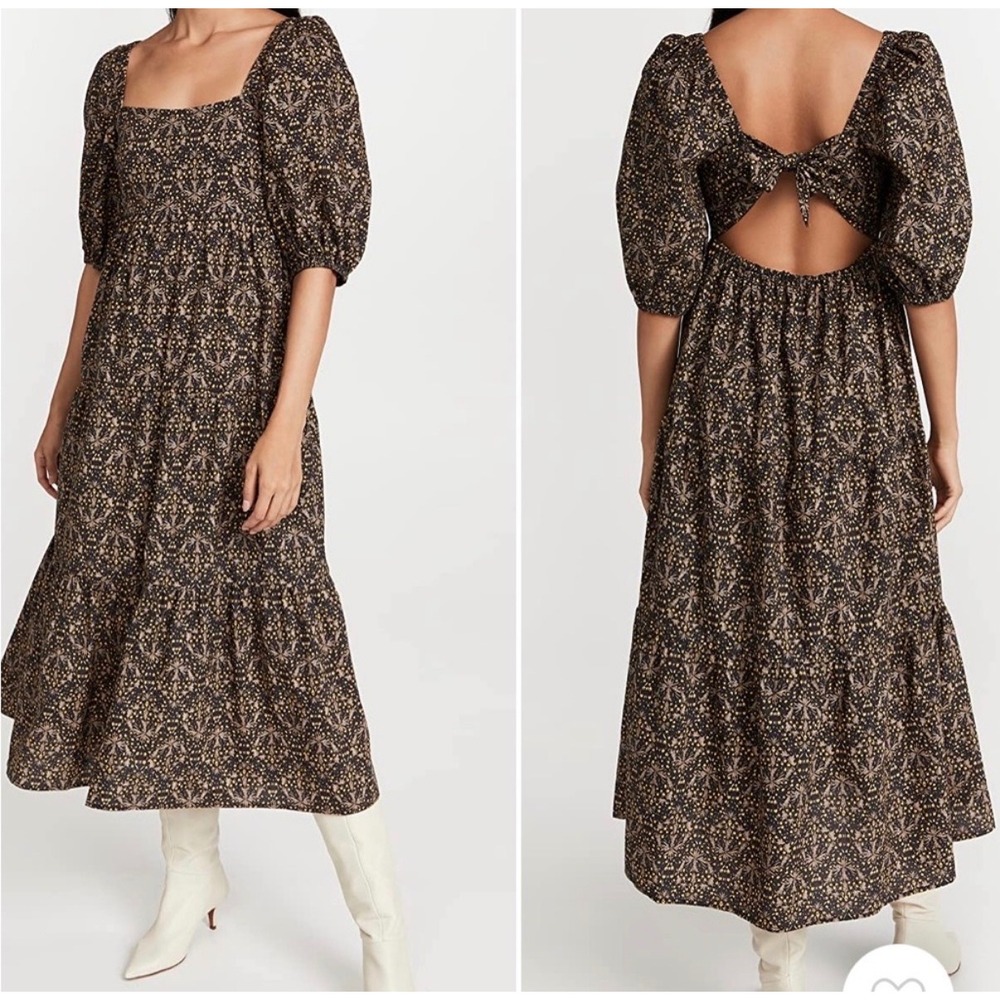 Minkpink Midi Dress Womens Small Black Floral Puff Sleeve Tie Back Tiered Cotton